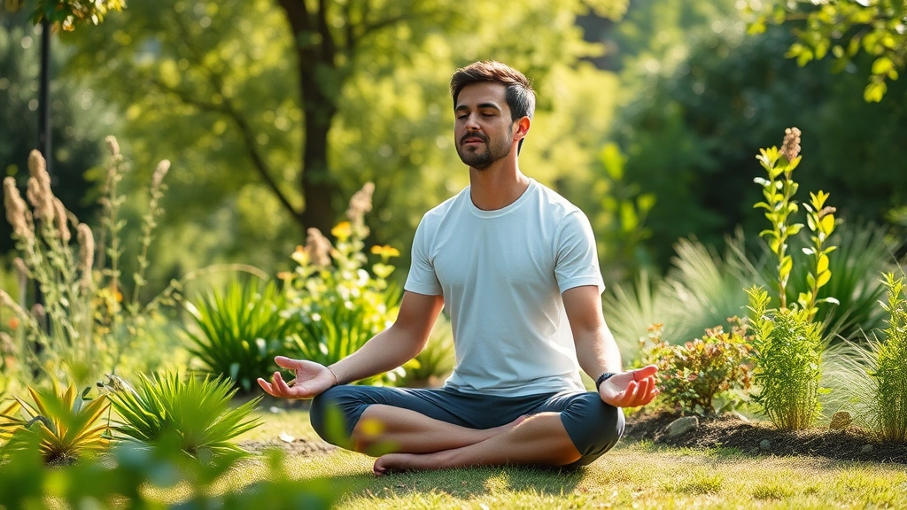 Individual meditating outdoors in natural green garden setting, surrounded by plants and soft daylight, peaceful posture, nature background, calm atmosphere, photorealistic professional photography