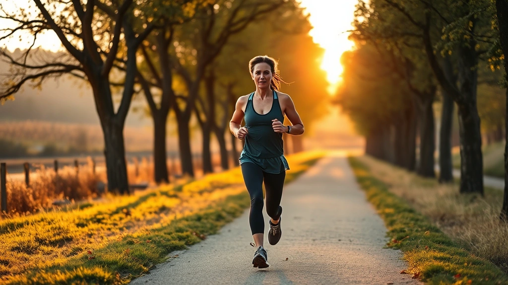 Active person jogging outdoors on tree-lined path during golden hour, athletic wear, focused expression, natural landscape background, motion captured mid-stride, energetic and healthy appearance