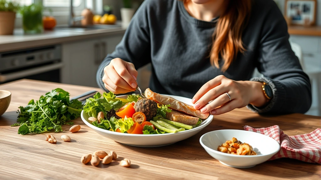 Person eating healthy meal at wooden table with vegetables, nuts, and fish visible, natural daylight, mindful eating moment, fresh food preparation, clean modern kitchen setting, vibrant food colors