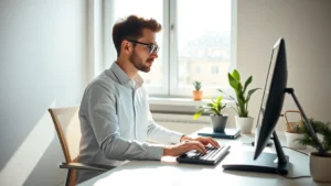 Person sitting at minimalist desk with natural sunlight streaming through window, focused expression, hands on keyboard, calm professional workspace with plants, photorealistic, no screens visible, morning light, peaceful concentration