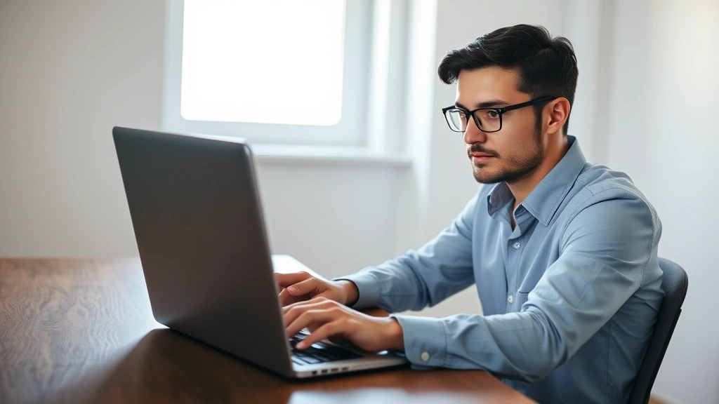 Person in professional attire sitting at wooden desk with laptop, eyes focused intently on screen, hands on keyboard, bright natural window light, minimalist background, calm concentrated expression, shallow depth of field