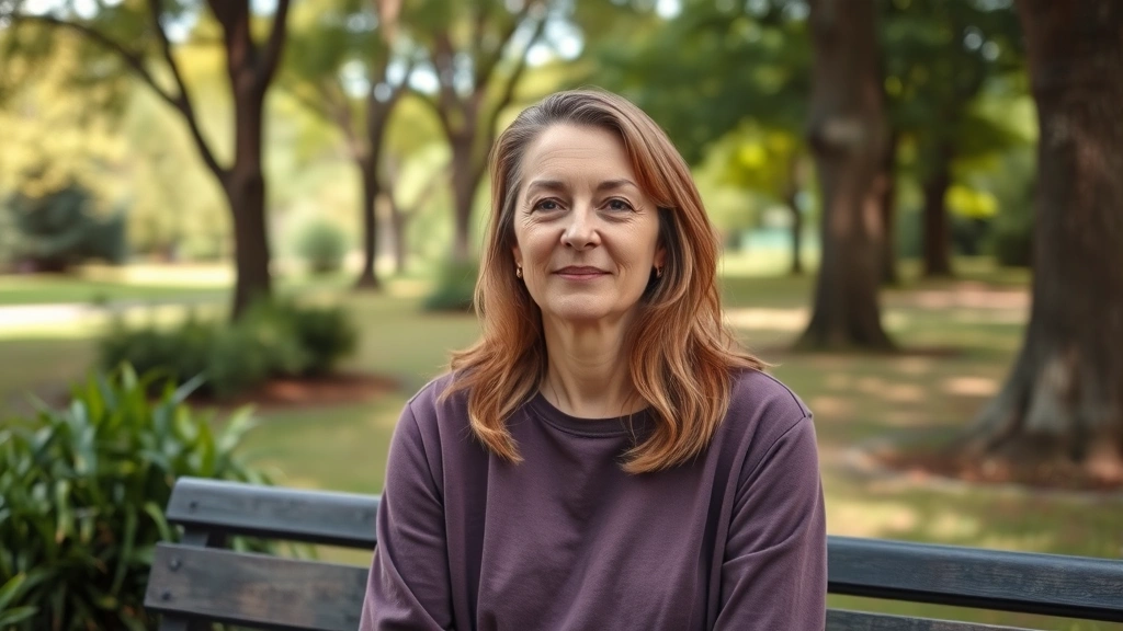Peaceful outdoor setting with person sitting on bench surrounded by nature, trees and green environment, serene facial expression, natural lighting, demonstrating mental clarity and focus recovery, photorealistic, nobody else visible