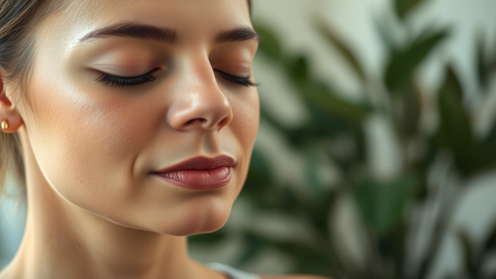 Close-up of person meditating indoors, eyes gently closed, peaceful facial expression, soft warm lighting, blurred green plant in background, serene posture, photorealistic professional photography