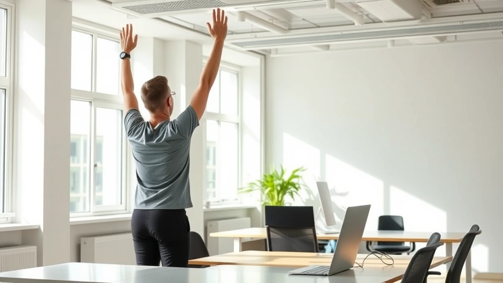 Person at standing desk during exercise break, stretching arms upward with energetic posture, bright office space with windows, movement and vitality, photorealistic, demonstrating physical wellness supporting mental focus, no digital screens
