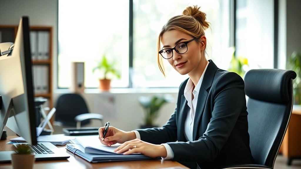 Professional woman at desk during focused work session, pen in hand reviewing documents, organized workspace, morning sunlight streaming in, confident composed expression, natural lighting, clean modern office environment