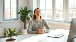 Person sitting peacefully in bright, minimalist workspace with natural light streaming through large windows, hands resting calmly on desk, serene facial expression, plant visible, photorealistic, no screens or text visible