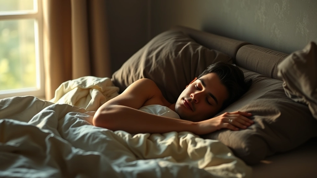 Individual sleeping deeply in cozy, dark bedroom with soft natural bedding, peaceful expression, morning sunlight just beginning to enter room, photorealistic, no alarm clocks or digital displays