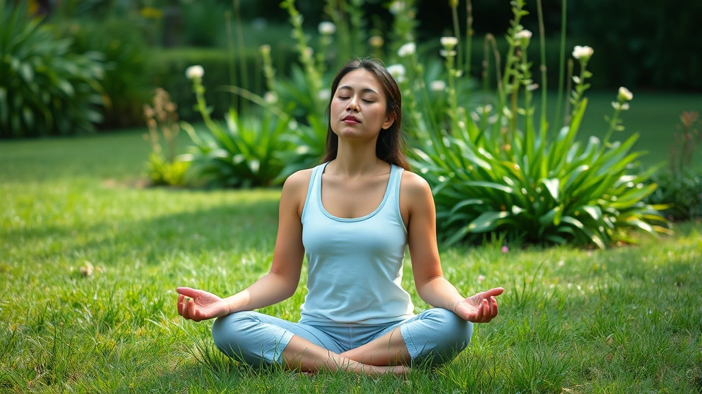 Person meditating outdoors on grass in natural garden setting, eyes closed gently, surrounded by green plants and flowers, soft natural lighting, calm posture, photorealistic, no text or time indicators