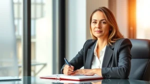 Professional woman with serene expression sitting at desk with pen and notebook, natural light streaming through window, calm focused demeanor, warm professional environment