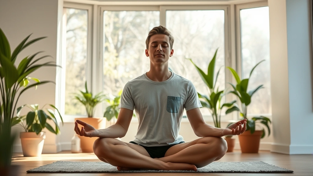 Person meditating peacefully in bright modern room with plants, sunlight filtering through windows, relaxed posture, embodying mental clarity and tranquility