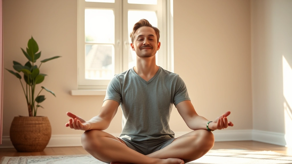 Individual in peaceful meditation pose in bright room, natural sunlight streaming in, serene facial expression, comfortable seated position, plant visible in corner, warm neutral tones