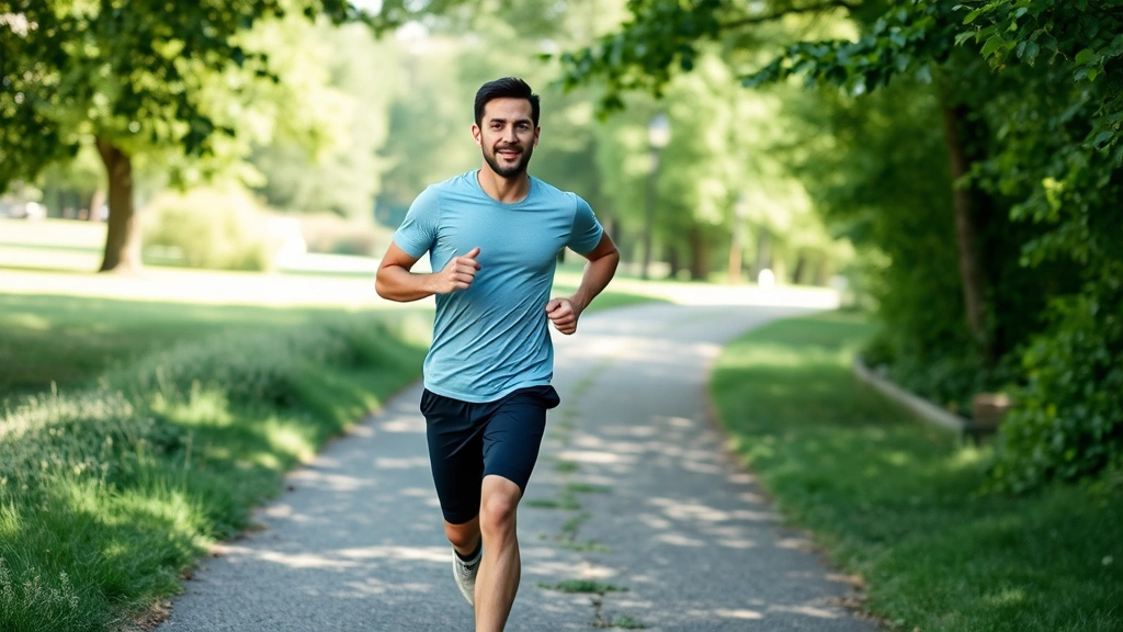 Individual exercising outdoors in natural setting, jogging through green park pathway, energetic but calm expression, representing mental health and physical wellness connection