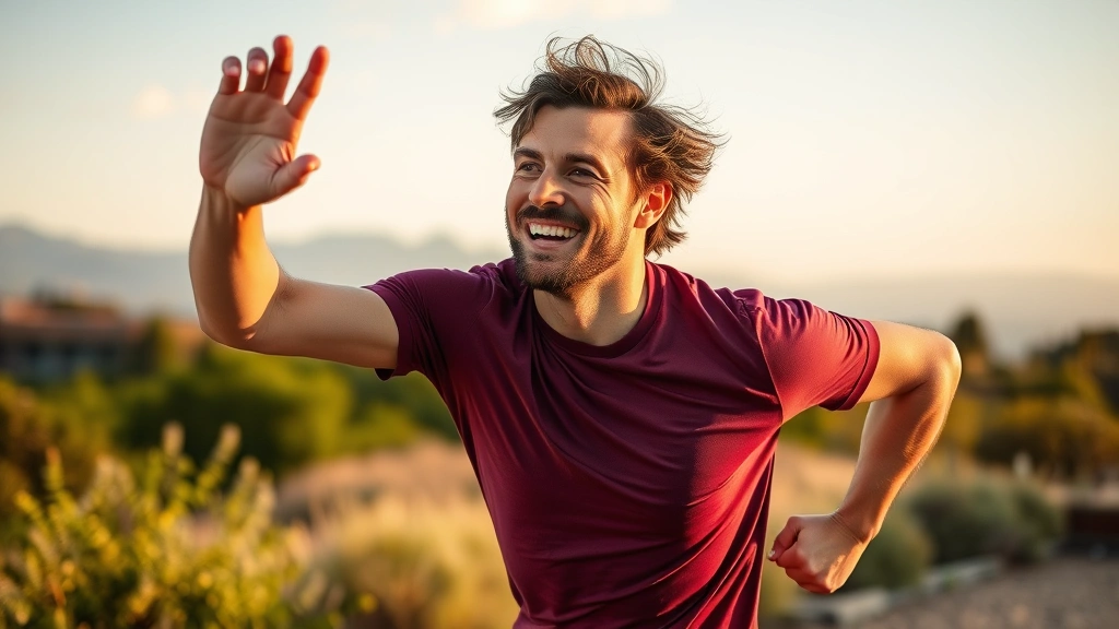 Person exercising outdoors with energized positive expression, natural landscape background, morning or afternoon sunlight, dynamic movement suggesting vitality and mental clarity