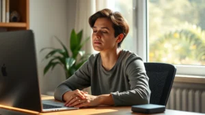 Person sitting peacefully at desk with soft morning light streaming through window, hands relaxed on desk, calm facial expression, natural workspace with plant in background, photorealistic