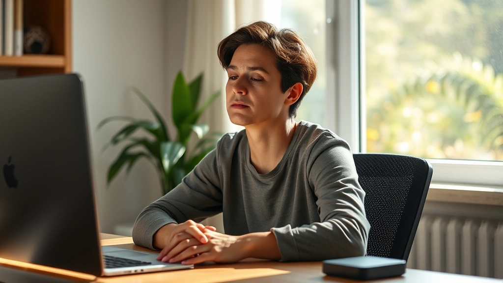 Person sitting peacefully at desk with soft morning light streaming through window, hands relaxed on desk, calm facial expression, natural workspace with plant in background, photorealistic