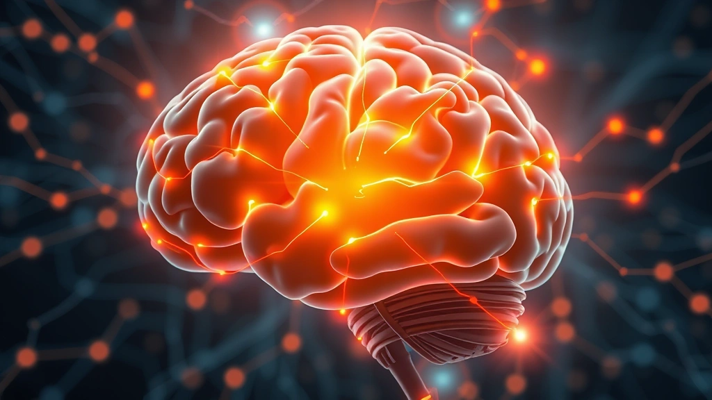 Brain illustration with glowing neural pathways and connections lighting up, representing neurotransmitters and cognitive function, abstract but scientifically grounded, warm lighting