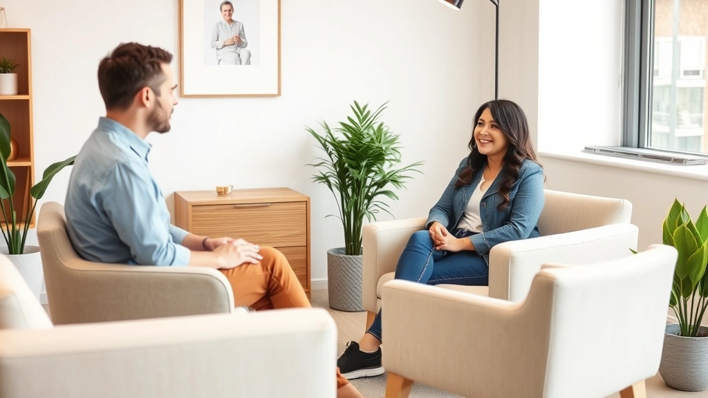 Individual in therapy session with professional counselor, both sitting comfortably in modern clinical setting, warm natural tones, focus on therapeutic relationship and trust