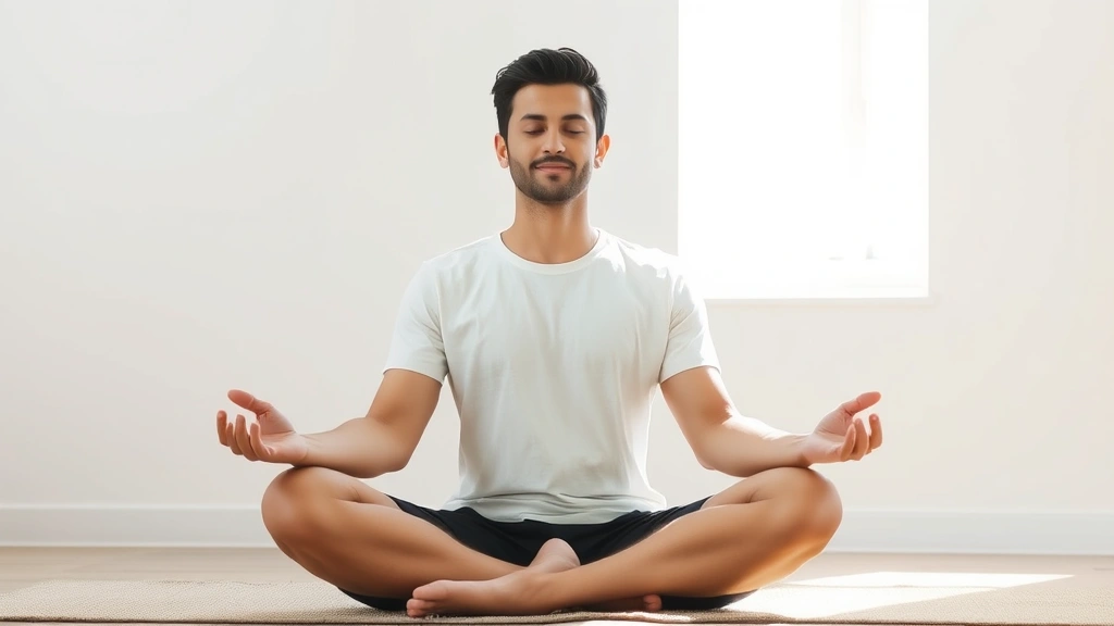 Person meditating peacefully in natural light, sitting cross-legged indoors with calm expression, soft neutral background, photorealistic, wellness focused