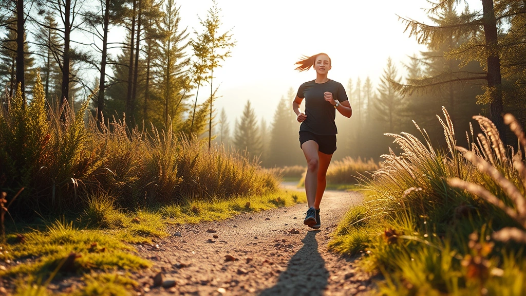 Person exercising outdoors running through nature trail, morning light, athletic movement, energetic and healthy appearance, photorealistic wellness imagery