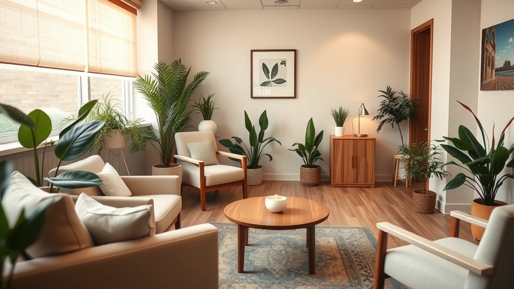 Professional therapist's office interior with comfortable seating, warm lighting, plants, peaceful environment, no people visible, calming healthcare setting