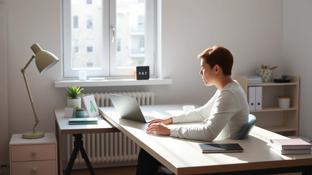 Person sitting at desk with bright natural window light, completely focused on laptop work, minimalist organized workspace with no distractions, calm professional atmosphere