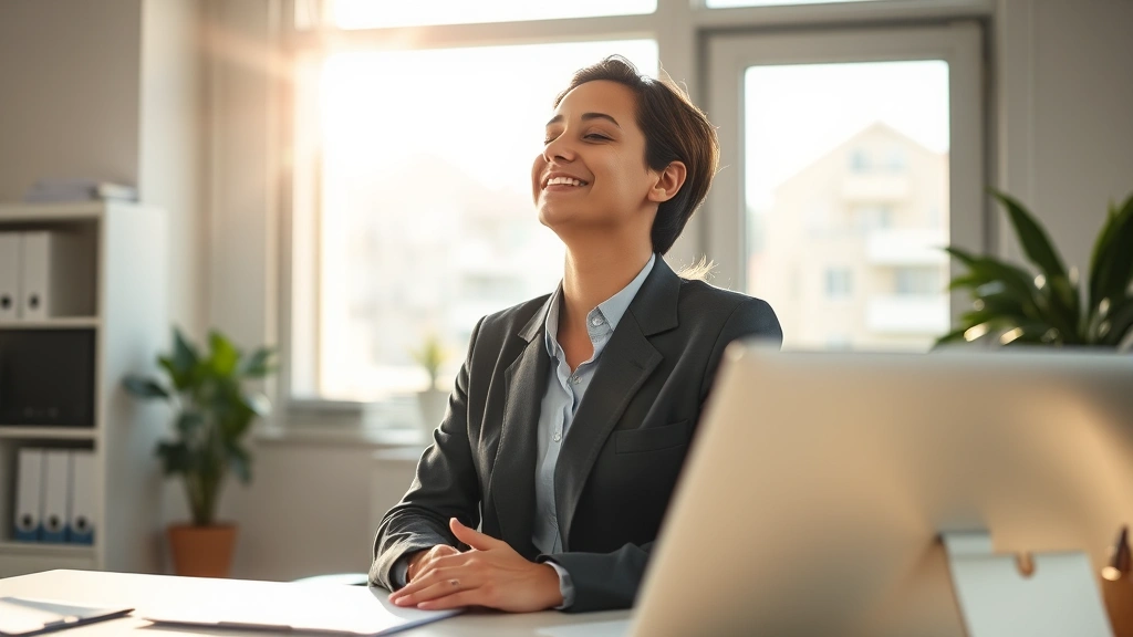 Professional in sunlit office taking deep breath with peaceful expression, hands on desk, morning light through window, no text visible, serene workspace environment