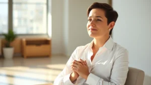 Person sitting peacefully in sunlit room with hands folded, calm expression, natural daylight streaming through window, serene indoor environment, professional attire, relaxed shoulders, photorealistic