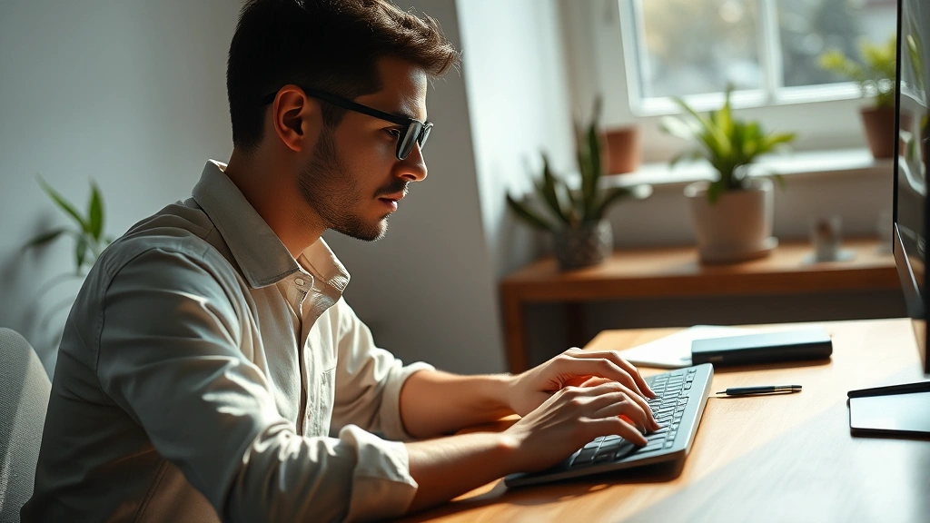 Person in deep focus working at minimalist desk with natural window light, hands typing on keyboard, calm concentrated expression, warm wooden desk, plants in background, professional but relaxed environment, photorealistic
