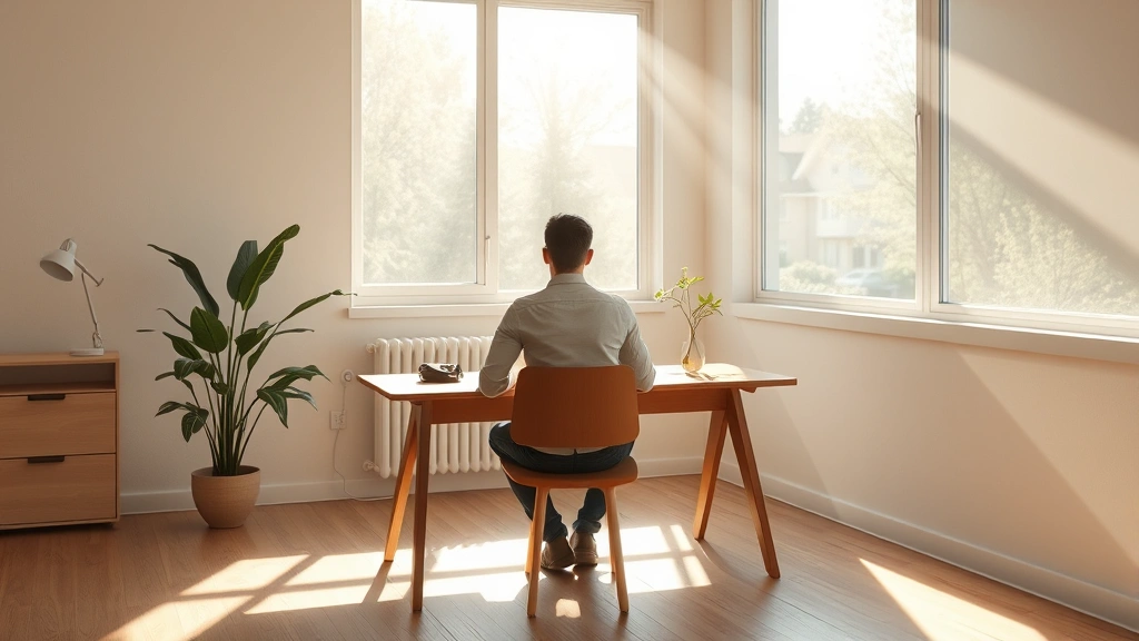 Serene minimalist workspace with natural sunlight streaming through large windows, wooden desk with single plant, soft shadows, person sitting upright with relaxed posture, warm neutral tones, photorealistic, peaceful atmosphere