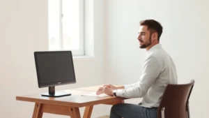 Person sitting at minimalist wooden desk with single monitor, natural window light streaming in, calm focused expression, empty white walls, no clutter, photorealistic midday lighting