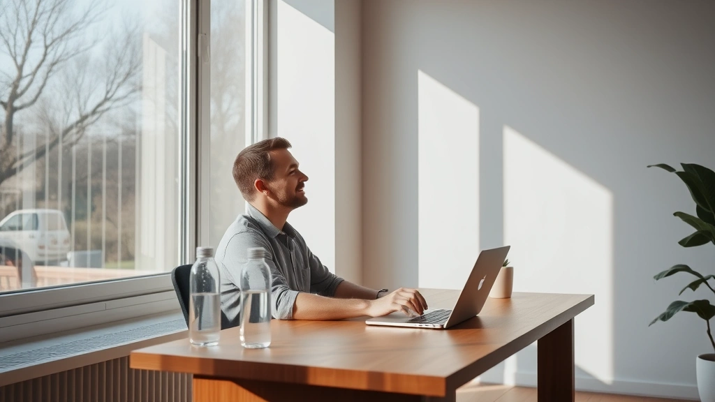 Person sitting at a wooden desk by a large window with natural sunlight streaming in, looking peaceful and focused while working on a laptop, minimalist workspace with a water bottle and plant visible, calm and serene office environment