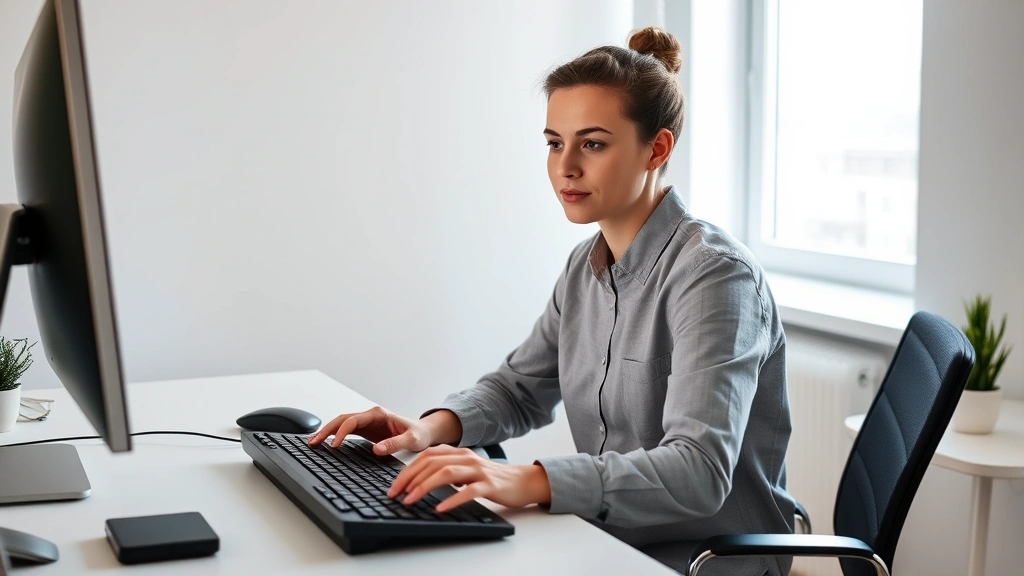 Person sitting at minimalist desk with single task focus, natural window light, hands on keyboard, calm expression, professional workspace, no visible distractions or technology