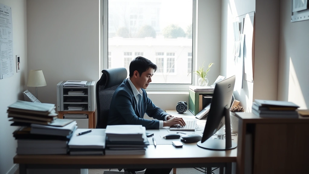 Person sitting at organized desk with minimal clutter, focused intently on work, natural window light streaming in, calm professional environment, no visible text or screens