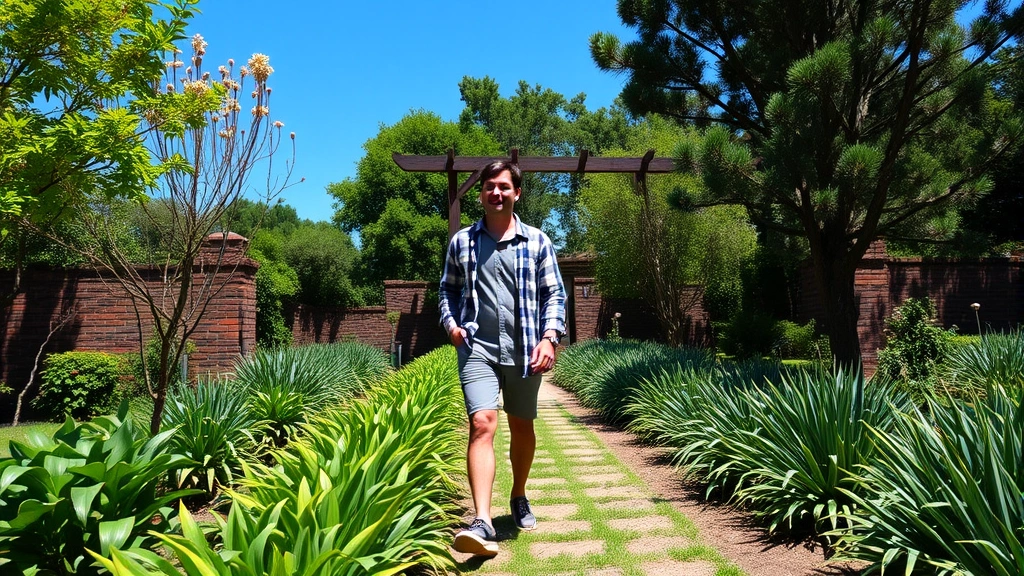 Individual taking outdoor break in garden, walking among green plants and trees, peaceful nature environment, clear blue sky, mental reset moment
