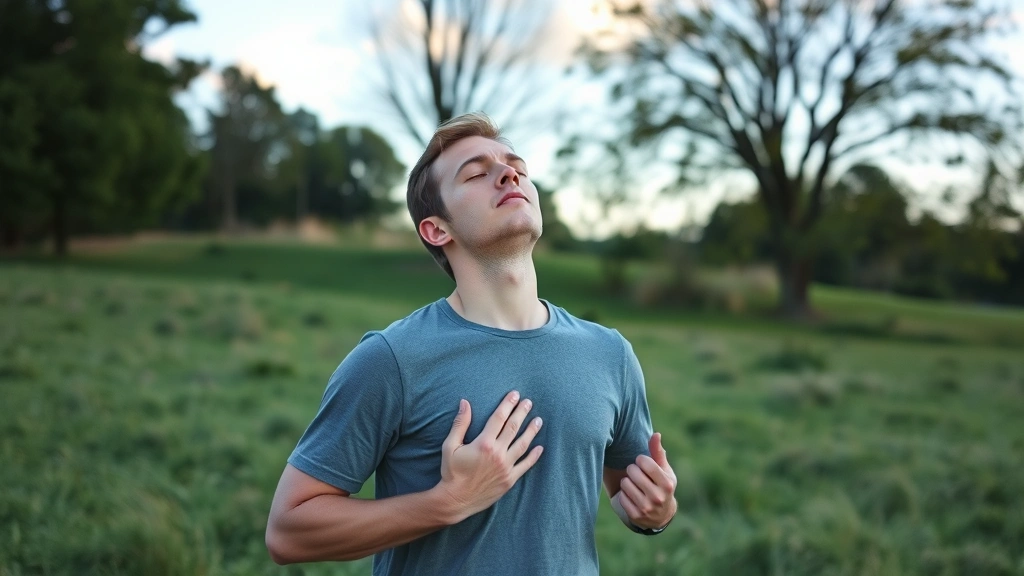 Individual doing deep breathing exercise outdoors on grassy field with eyes closed, peaceful natural setting, trees and sky visible, calm posture, morning light, photorealistic, focused expression
