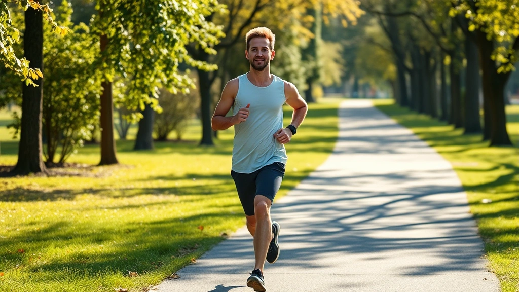 Someone jogging outdoors on a sunny path through a park, demonstrating natural movement and exercise for cognitive enhancement, determined expression, morning light, photorealistic