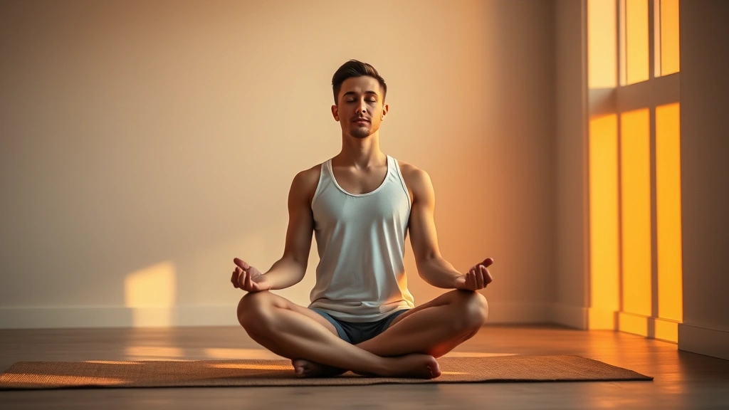 Person meditating cross-legged in lotus position during golden hour, soft warm light, minimalist room with neutral walls, peaceful expression, calm environment, photorealistic, showing mental clarity and inner peace