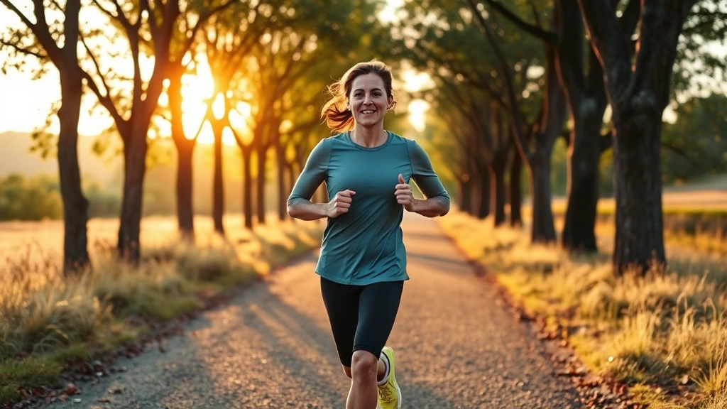 Active person jogging or running outdoors on a tree-lined path during golden hour, showing movement and vitality, natural landscape background, energetic but calm expression, demonstrating physical wellness and mental clarity