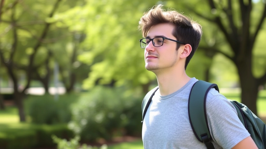 Individual taking walking break in green park or garden, relaxed posture, natural sunlight, trees visible, demonstrating attention restoration and mental recovery