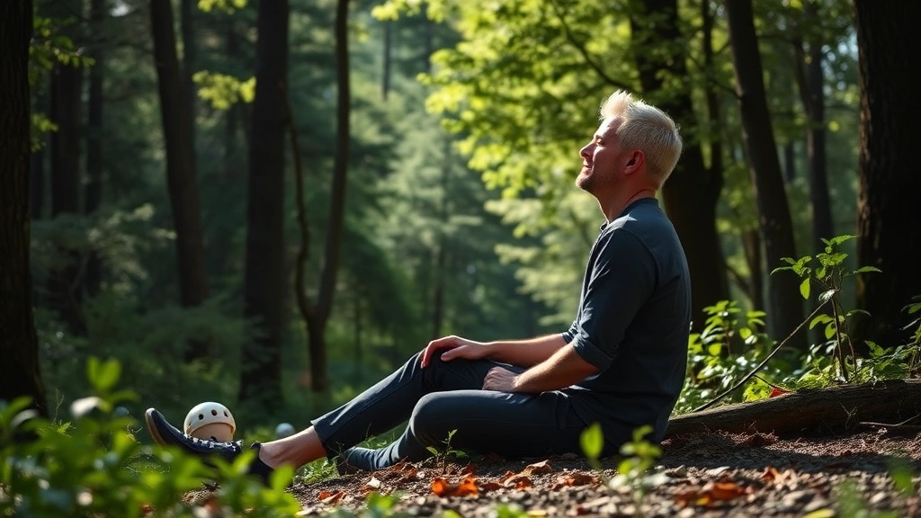 Individual in peaceful natural setting surrounded by trees and greenery, sitting peacefully with relaxed posture, soft natural lighting, serene atmosphere for attention restoration