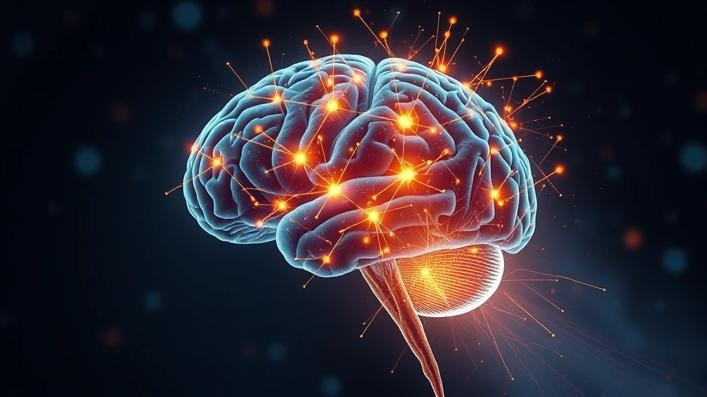 Brain cross-section illustration showing neural connections lighting up in prefrontal cortex during focused work, scientific visualization of concentration pathways