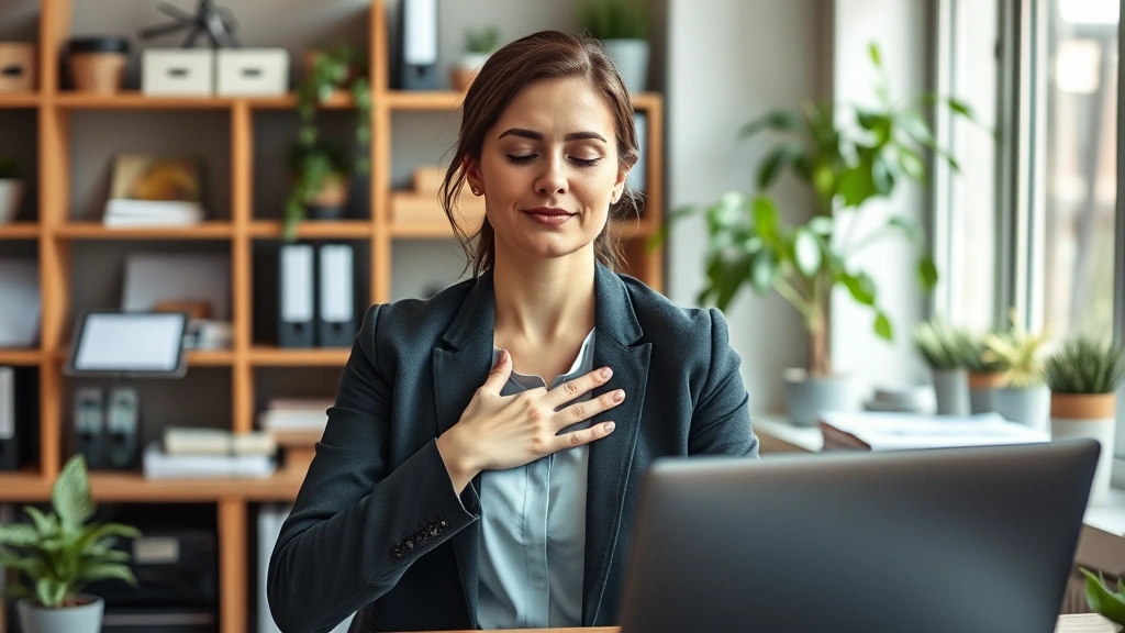 Professional woman at desk with organized workspace, taking a mindful pause, hand on chest, peaceful moment during workday, natural lighting, plants nearby, photorealistic, stress-free expression