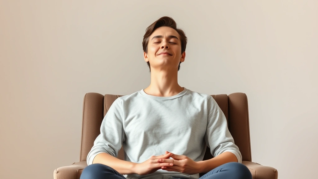 Person practicing breathing meditation with eyes closed in comfortable chair, neutral background, serene expression, hands relaxed on lap, demonstrates micro-meditation practice, photorealistic mindfulness moment