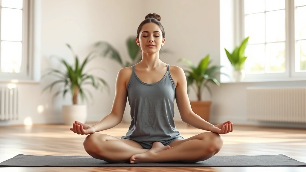 Person meditating in serene sitting position on yoga mat in bright room, cross-legged posture, peaceful facial expression, natural light streaming through window, plants visible, tranquil indoor environment, photorealistic