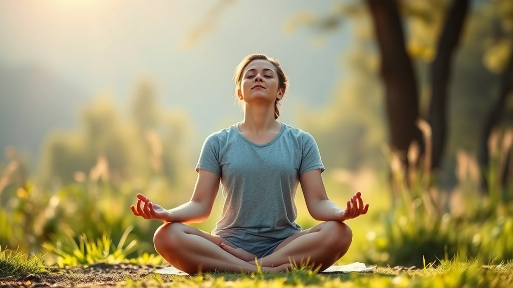 A person in meditation pose sitting peacefully in a natural setting with soft filtered sunlight, eyes closed in concentration, relaxed facial expression, tranquil atmosphere, photorealistic