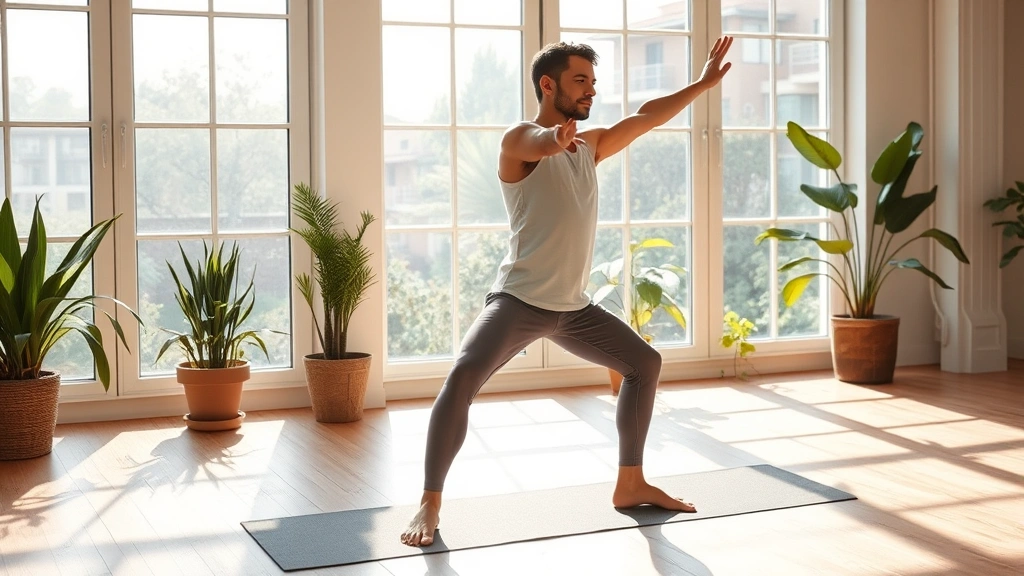 Person stretching or doing yoga in bright morning sunlight near large windows, wooden floor, plants in background, relaxed confident posture, natural light, photorealistic, representing wellness and mental clarity