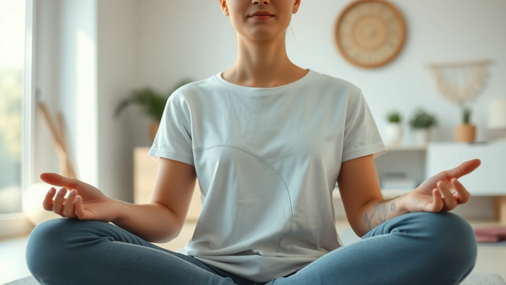 Close-up of someone meditating cross-legged in a bright, airy room with soft natural light, peaceful facial expression, serene background with minimal decoration, hands in meditation position, embodying mindfulness and mental focus