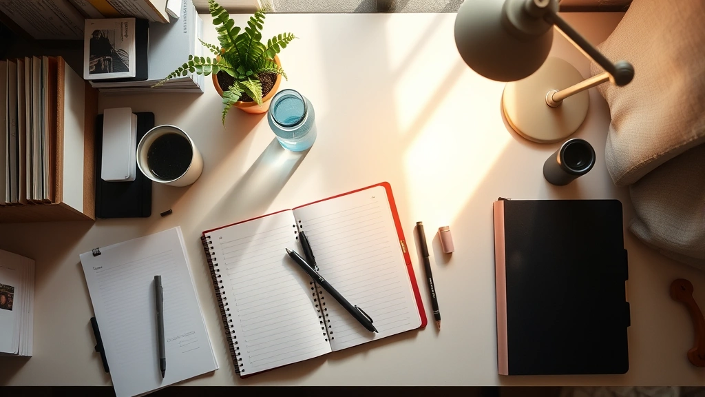 Overhead view of organized workspace with notebook, water bottle, single plant, warm desk lamp, morning light streaming in, peaceful focus environment setup
