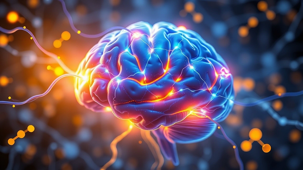 Brain visualization showing neural pathways and connections glowing with blue and golden light, representing neuroplasticity and cognitive function, abstract scientific imagery without text