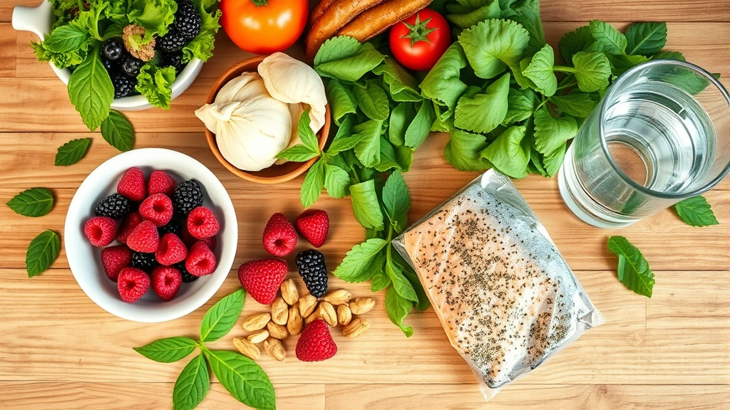Nutritious meal preparation scene showing fresh berries, leafy greens, fish, nuts and water glass on wooden table, natural lighting from above, vibrant fresh ingredients, no visible labels or text on packaging, photorealistic, healthy food focus